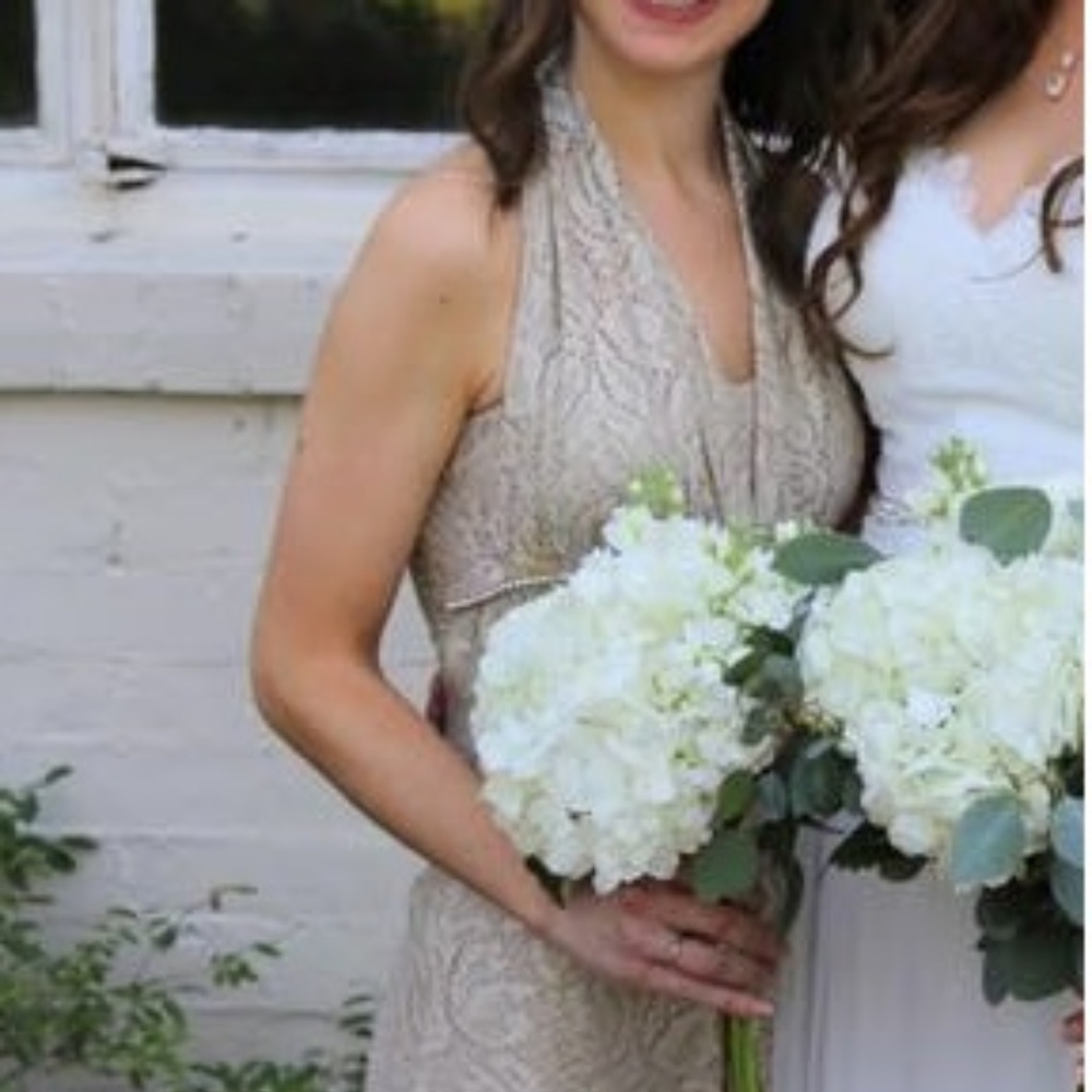 Betsy and Adam by Linda Bernell gold halter dress
